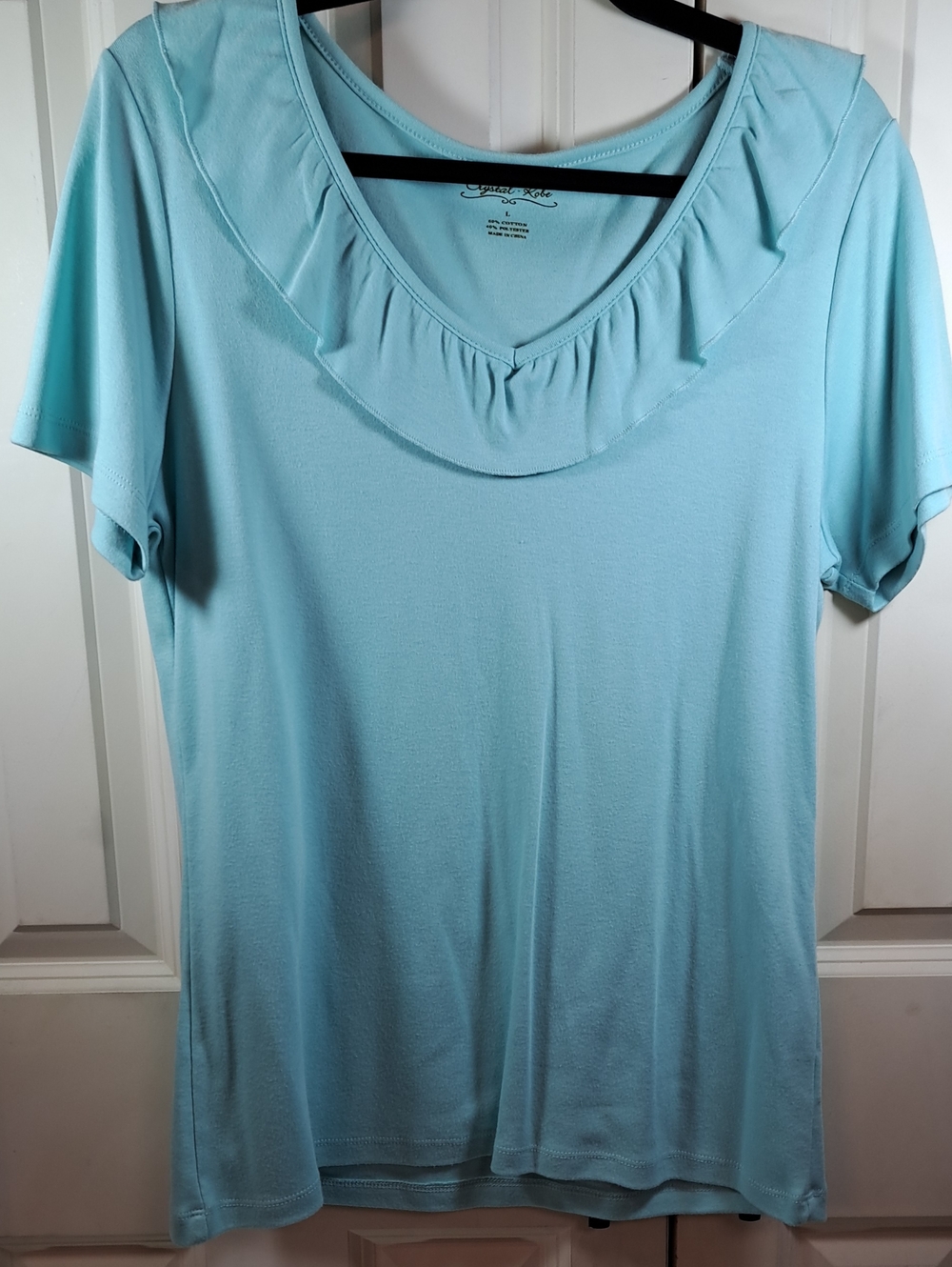 Petite Ruffle Scoop Neck Short Sleeve Tee - Light Blue